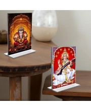 Sri Ganesh & Debi Saraswati Acrylic T-Style Photo Stand - 7x9 Inches, Compact and Stylish Spiritual Display, easily change 2 photos (Pack of 1)