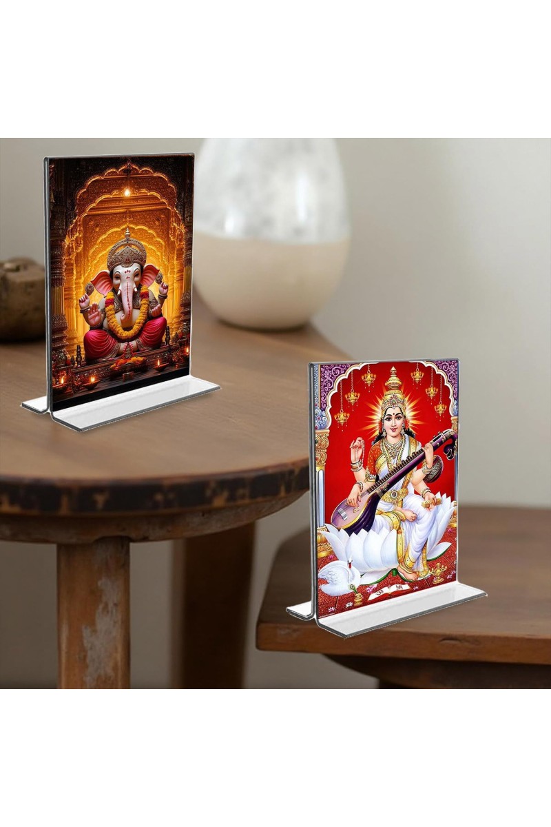 Sri Ganesh & Debi Saraswati Acrylic T-Style Photo Stand, Compact and Stylish Spiritual Display, easily change 2 photos (Pack of 1)
