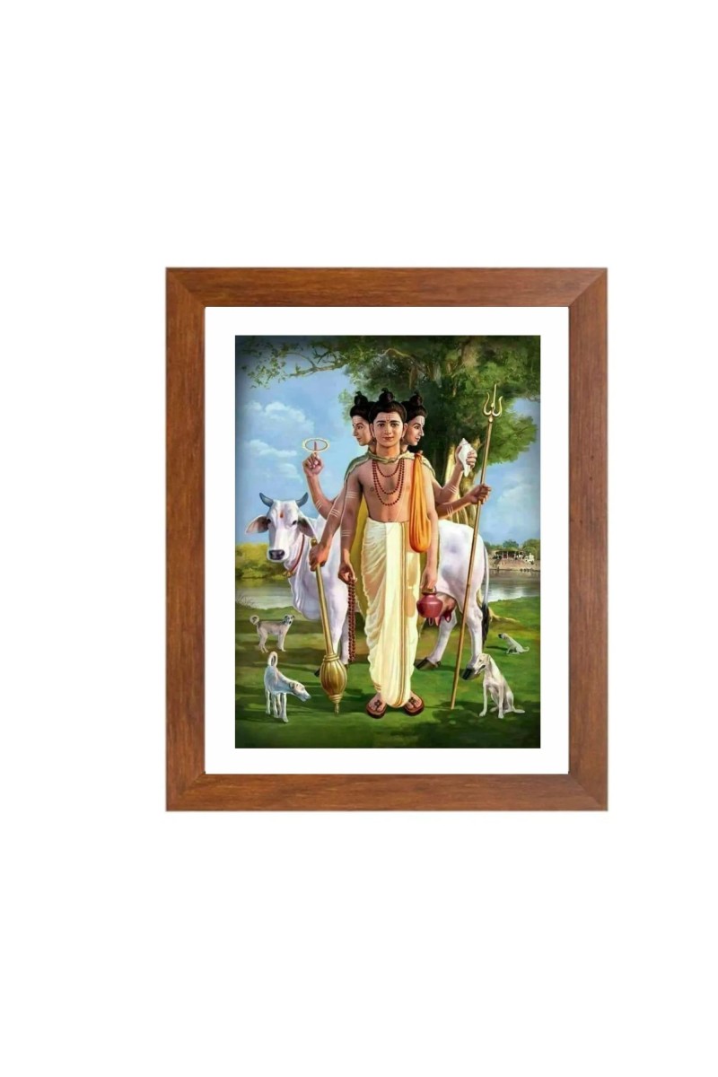 Generic Lord Dattatreya Colored Photo | 7x5 Inch Spiritual Wall Art for Home, Temple, Puja Room | Brown, Rectangular Frame