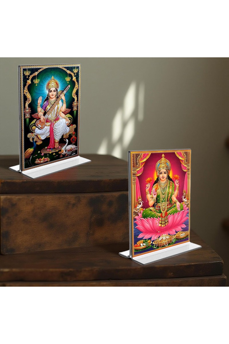 Debi Saraswati & Debi Lakhsmi Acrylic T-Style Photo Stand, Compact and Stylish Spiritual Display, easily change 2 photos (Pack of 1)