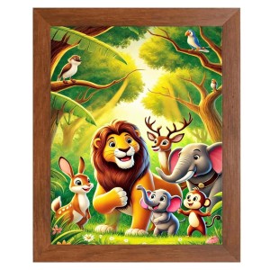 AI Funny Lion, Elephant, Birds Art Picture for Kids - 12x16 inches, Brown Color - Perfect Wall Decor for Children's Room
