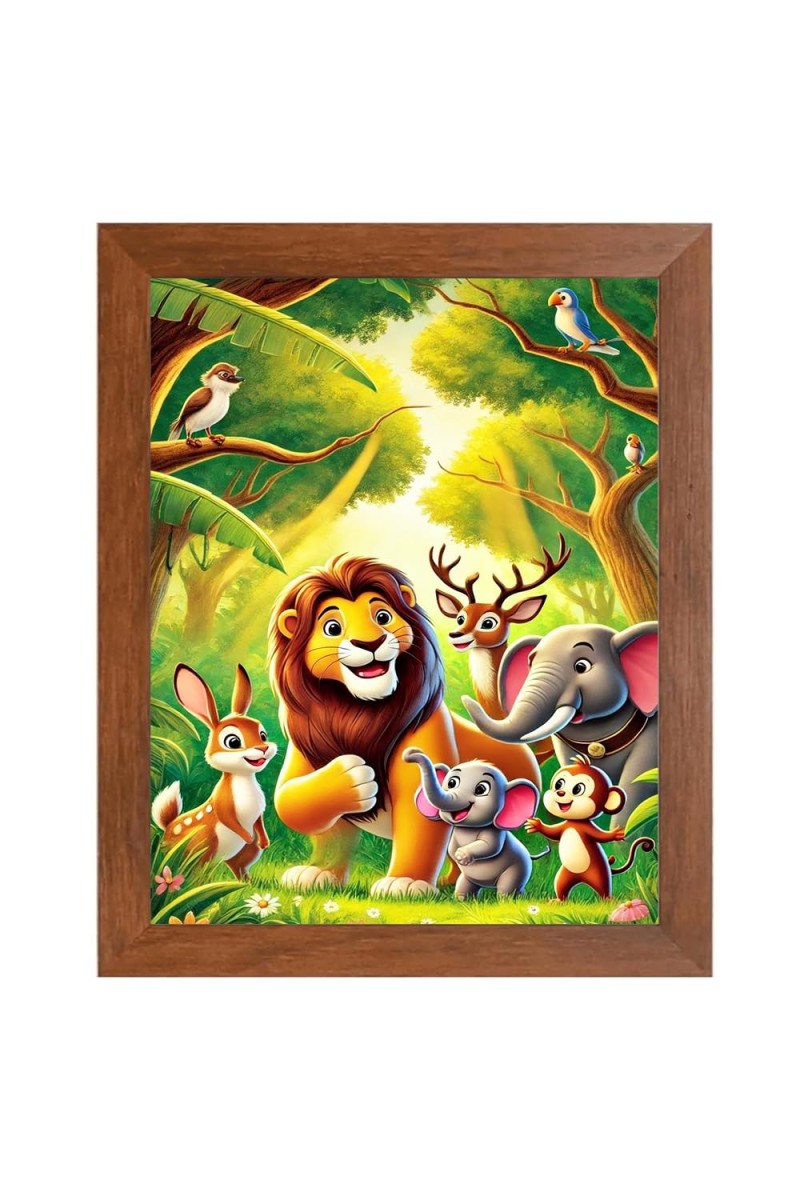 AI Funny Lion, Elephant, Birds Art Picture for Kids - 12x16 inches, Brown Color - Perfect Wall Decor for Children's Room