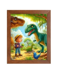 AI Funny Dinosaurs with kid Art Picture for Kids - 18x22 inches, Brown Color - Perfect Wall Decor for Children's Room