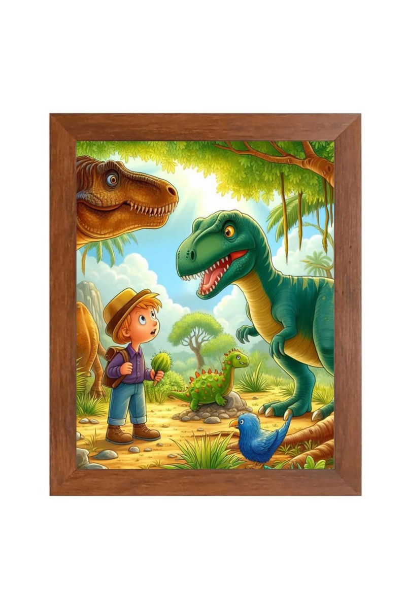 AI Funny Dinosaurs with kid Art Picture for Kids - 14x18 inches, Brown Color - Perfect Wall Decor for Children's Room