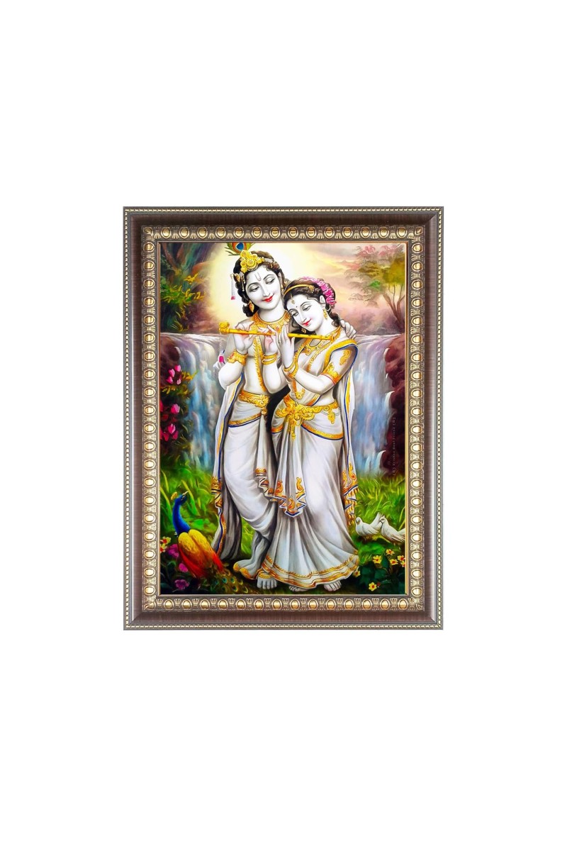 Maa Radha with Sri Krishna Photo Frame - 10x14 Inches, Brown Wooden Frame for Home, Office & Temple Decoration