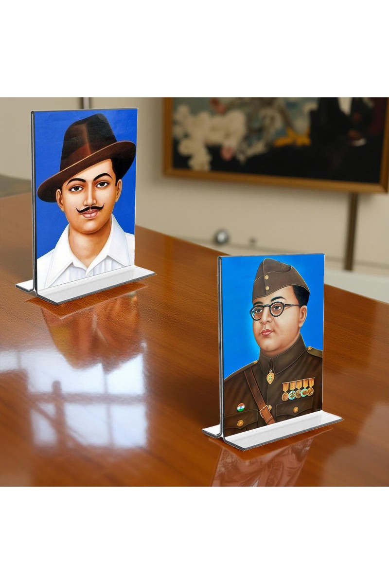 Sri Bhagat Singh & Netaji Subhas Chandra Bose Acrylic T-Style Photo Stand - 9x11 Inches, Compact and Stylish Spiritual Display, easily change 2 photos (Pack of 1)