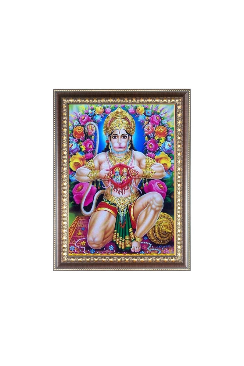 Sri Hanuman ji Tearing his Chest Showing shri ram and sita maa Photo Frame - 10x14 Inches, Brown Wooden Frame for Home, Office & Temple Decoration