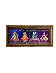Hitech Sales Lord Ganesh, Devi Laxmi, Lord Shiva, Devi Saraswati - Photos in One Religious Photo Frame (16.6 x 6.6 inches, Golden, Pvc Frame)