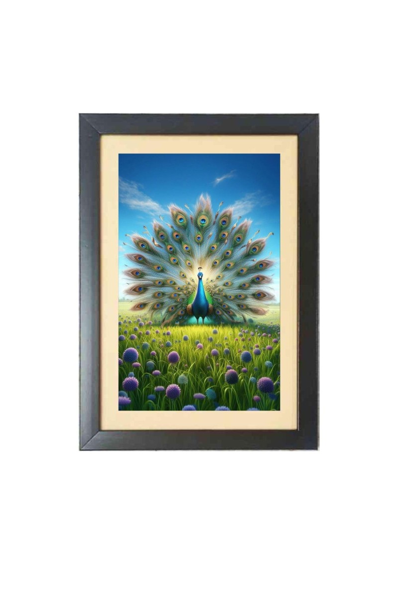 The beautiful peacock Black Photo Frame Funny Animal and Bird Cartoon Art
