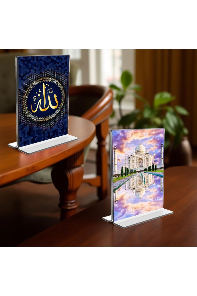 Taj Mahal Islamic Allah Acrylic T-Style Photo Stand, Compact and Stylish Spiritual Display, easily change 2 photos (Pack of 1)