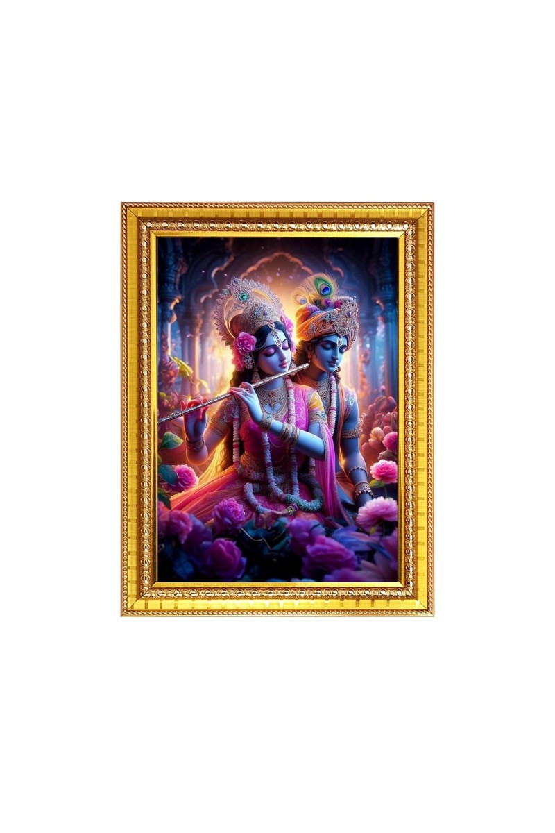 Maa Radha with Sri Krishna Photo Frame - 10x14 Inches, Brown Wooden Frame for Home, Office & Temple Decoration