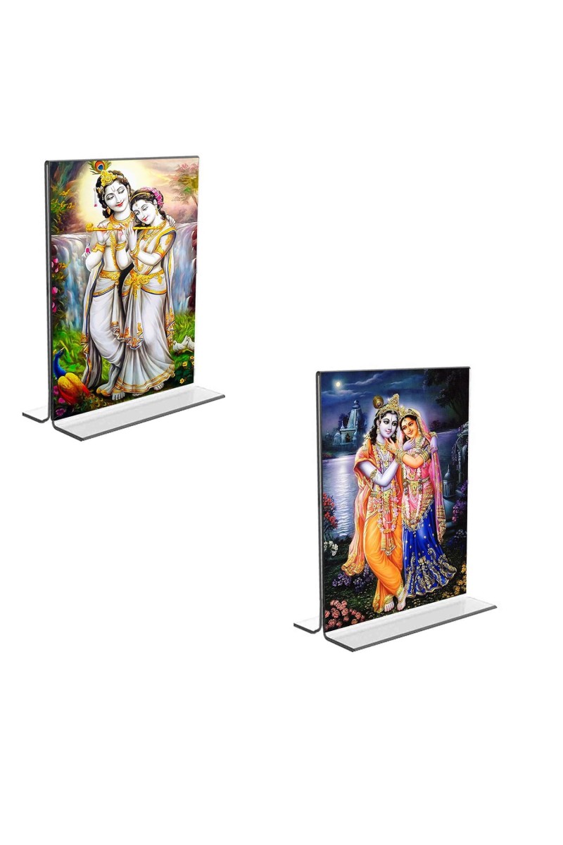Sri Radha Sri Krishna Acrylic T-Style Photo Stand - 5x7 Inches, Compact and Stylish Spiritual Display, easily change 2 photos (Pack of 1)