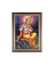 Lord Sri Krishna playing Flute Photo Frame - 16x20 Inches, Brown Wooden Frame for Home, Office & Temple Decoration