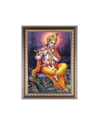 Lord Sri Krishna playing Flute Photo Frame - 10x14 Inches, Brown Wooden Frame for Home, Office & Temple Decoration