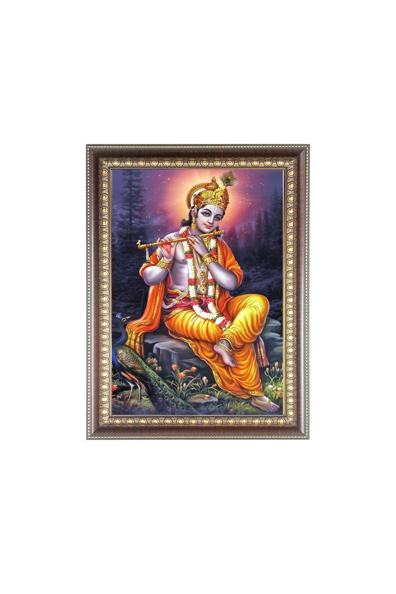 Lord Sri Krishna playing Flute Photo Frame - 16x20 Inches, Brown Wooden Frame for Home, Office & Temple Decoration