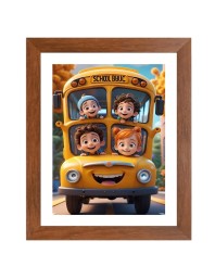 AI Funny Kids With School Bus Art Picture for Kids - 16x20 inches, Brown Color - Perfect Wall Decor for Children's Room