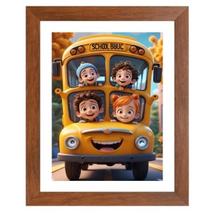 AI Funny Kids With School Bus Art Picture for Kids - 14x18 inches, Brown Color - Perfect Wall Decor for Children's Room