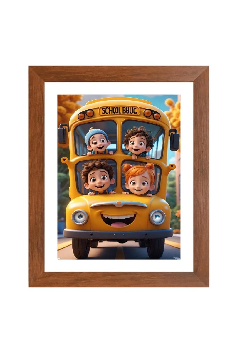 AI Funny Kids With School Bus Art Picture for Kids - 16x20 inches, Brown Color - Perfect Wall Decor for Children's Room