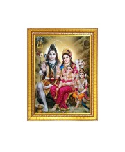 Lord Shiva Parvati with Bal Ganesh and kartikeya ji With nandi cow Photo Frame - 10x14 Inches, Brown Wooden Frame for Home, Office & Temple Decoration