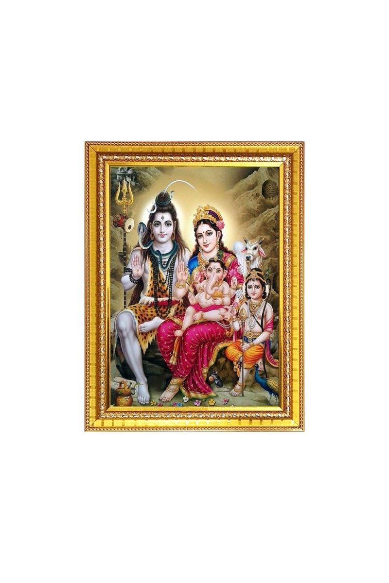 Lord Shiva Parvati with Bal Ganesh and kartikeya ji With nandi cow Photo Frame - 10x14 Inches, Brown Wooden Frame for Home, Office & Temple Decoration
