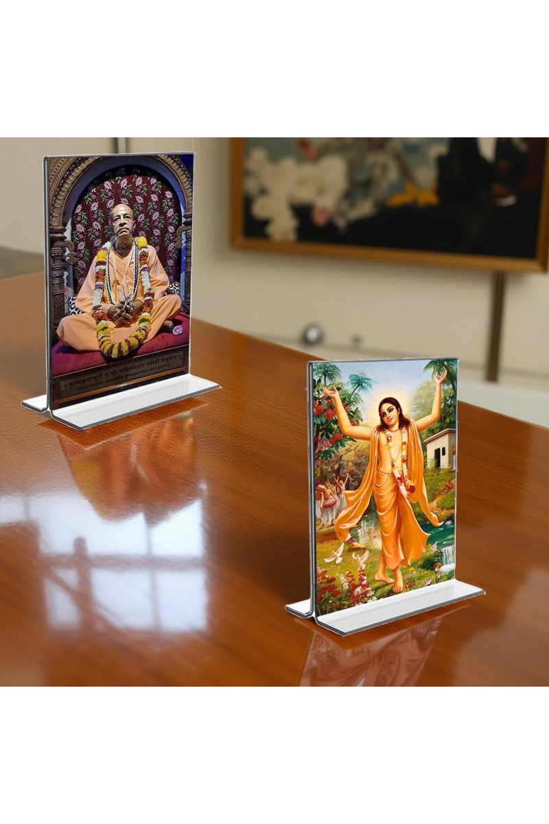 Sri Chaitanya Mahaprabhu & Swami Prabhupada Acrylic T-Style Photo Stand, Compact and Stylish Spiritual Display, easily change 2 photos (Pack of 1)