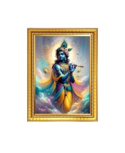 Lord Sri Krishna playing Flute Photo Frame - 18x22 Inches, Brown Wooden Frame for Home, Office & Temple Decoration
