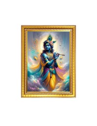 Lord Sri Krishna playing Flute Photo Frame - 10x14 Inches, Brown Wooden Frame for Home, Office & Temple Decoration