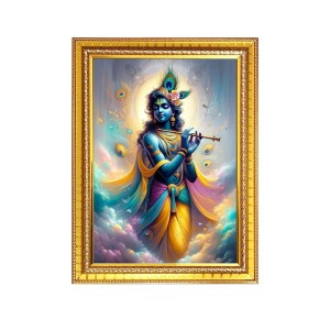 Lord Sri Krishna playing Flute Photo Frame - 10x14 Inches, Brown Wooden Frame for Home, Office & Temple Decoration