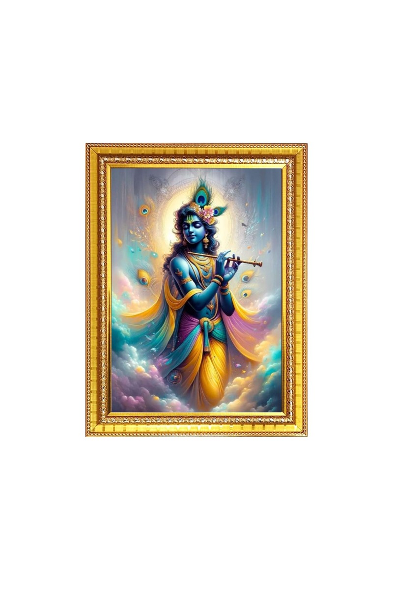 Lord Sri Krishna playing Flute Photo Frame - 18x22 Inches, Brown Wooden Frame for Home, Office & Temple Decoration