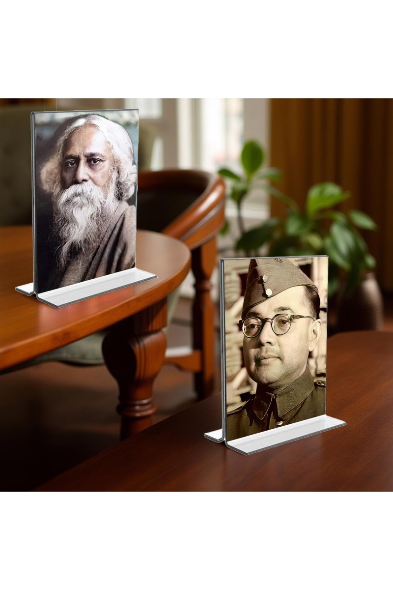 Sri Rabindranath Tagore and Netaji Subhash Chandra Bose Acrylic T-Style Photo Stand, Compact and Stylish Spiritual Display, easily change 2 photos (Pack of 1)