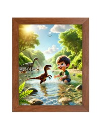 AI Funny cute baby boy with dinosaurs Art Picture for Kids - 10x14 inches, Brown Color - Perfect Wall Decor for Children's Room