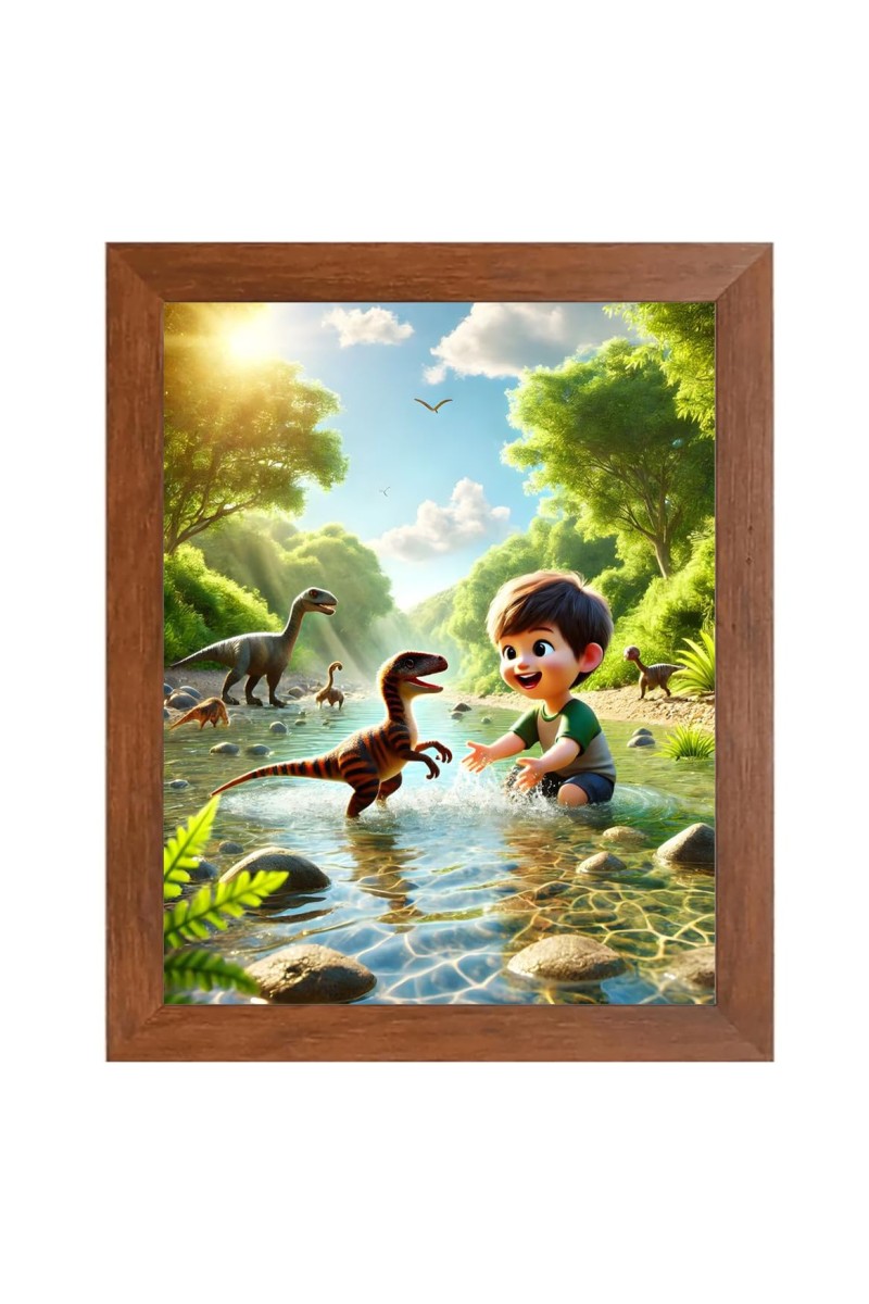 AI Funny cute baby boy with dinosaurs Art Picture for Kids - 12x16 inches, Brown Color - Perfect Wall Decor for Children's Room