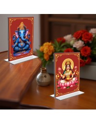 Sri Ganesh & Debi Lakshmi Acrylic T-Style Photo Stand - 5x7 Inches, Compact and Stylish Spiritual Display, easily change 2 photos (Pack of 1)