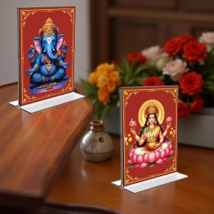 Car Desk/Table Top Sri Ganesh & Maa Lakshmi Acrylic T-Style Photo Stand - 2.5x3.5 Inches, Compact and Stylish Spiritual Display, easily change 2 photos (Pack of 1) Car Desk/Table Top Sri Ganesh & Maa Lakshmi Acrylic T-Style Photo Stand - 2.5x3.5 Inches, Compact and Stylish Spiritual Display, easily change 2 photos (Pack of 1)