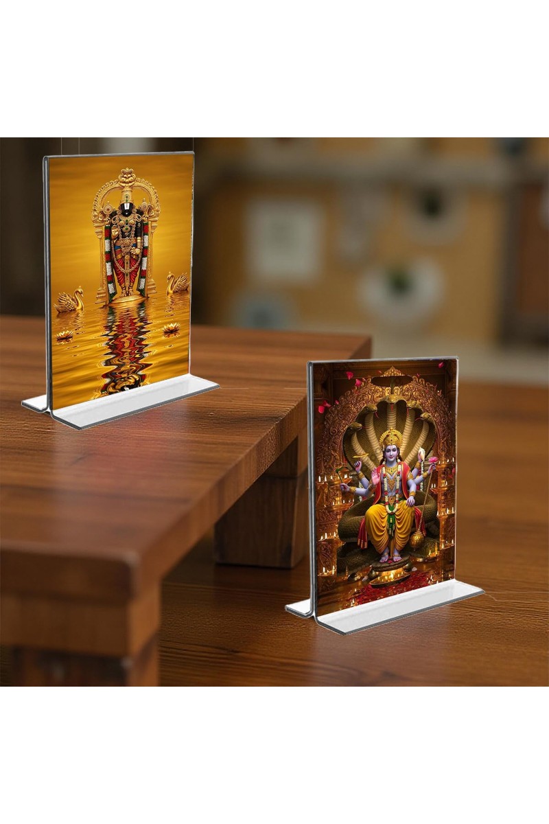 Lord Tirupati Balaji & Lord Vishnu Acrylic T-Style Photo Stand - 11x13 Inches, Compact and Stylish Spiritual Display, easily change 2 photos (Pack of 1)