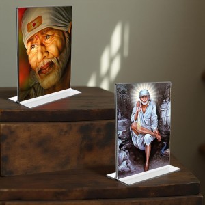Sai Baba Acrylic T-Style Photo Stand - 11x13 Inches, Compact and Stylish Spiritual Display, easily change 2 photos (Pack of 1)