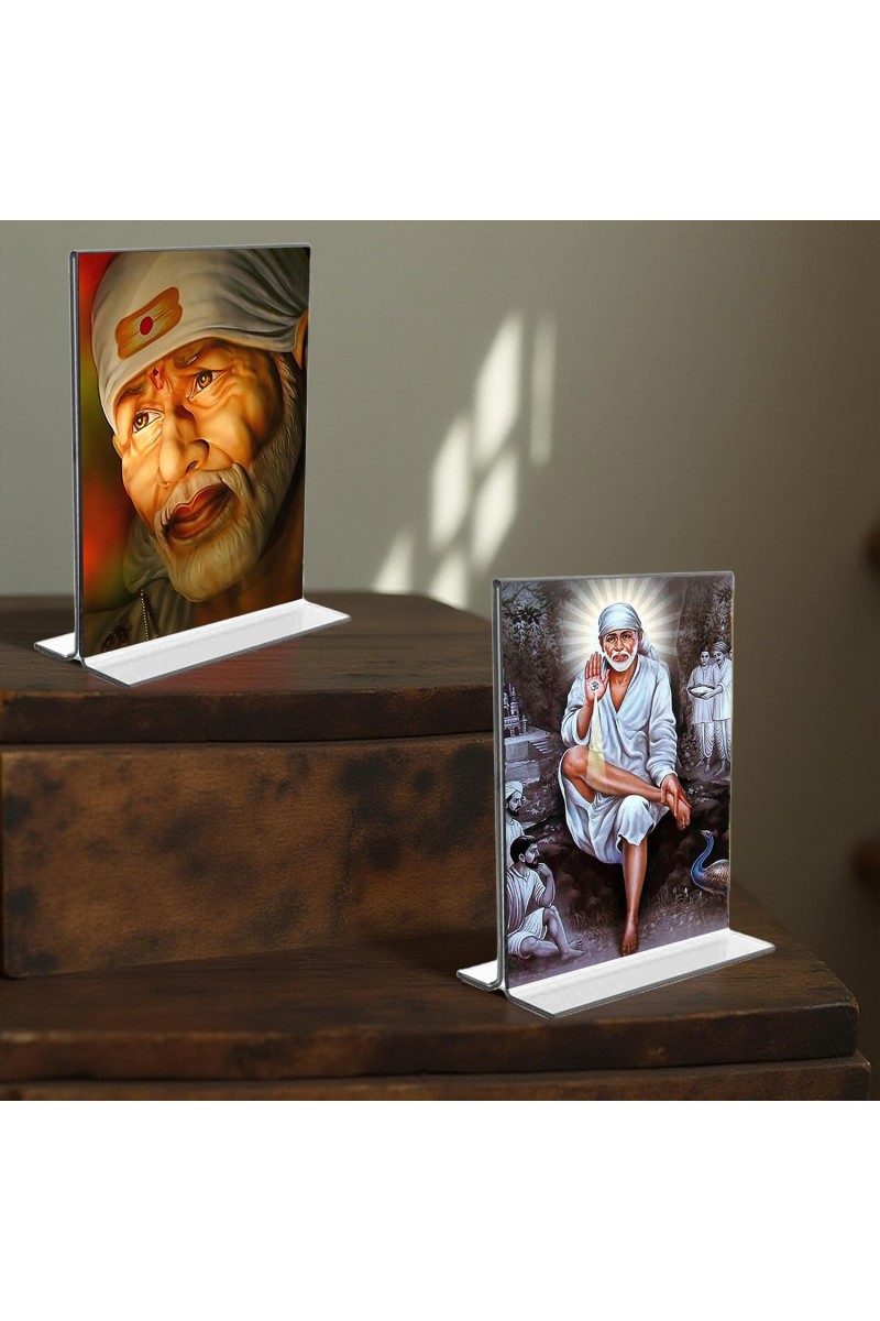 Sai Baba Acrylic T-Style Photo Stand - 7x9 Inches, Compact and Stylish Spiritual Display, easily change 2 photos (Pack of 1)