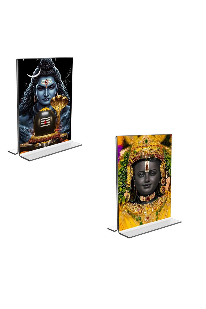 Car Desk/Table Top Lord Shiva & Ram Lala Acrylic T-Style Photo Stand - 2.5x3.5 Inches, Compact and Stylish Spiritual Display, easily change 2 photos (Pack of 1)