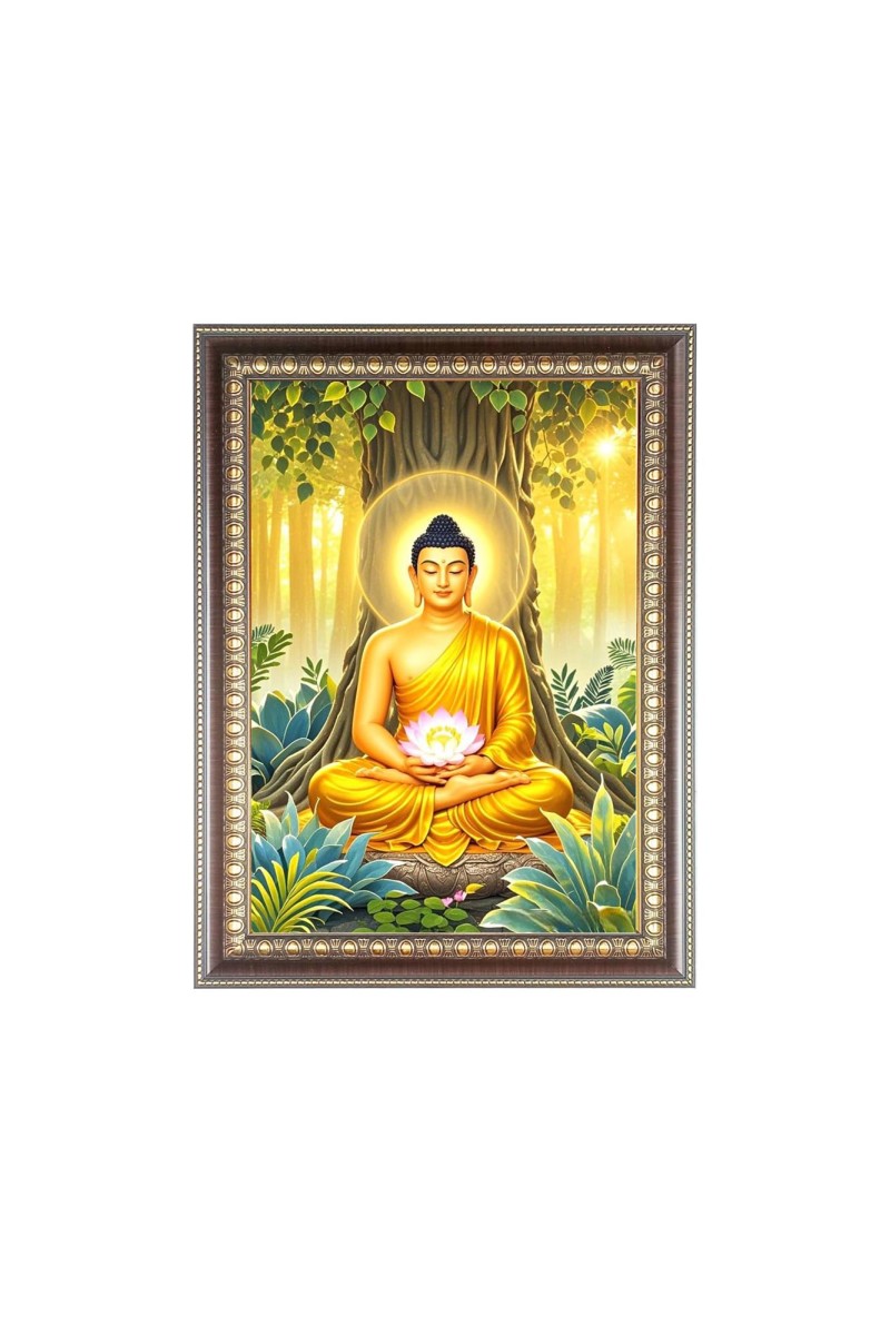Lord Buddha Photo Frame - 10x14 Inches, Brown Wooden Frame for Home, Office & Temple Decoration