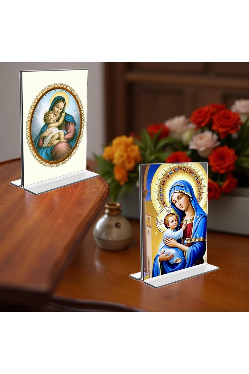 Mother Mary Acrylic T-Style Photo Stand, Compact and Stylish Spiritual Display, easily change 2 photos (Pack of 1)