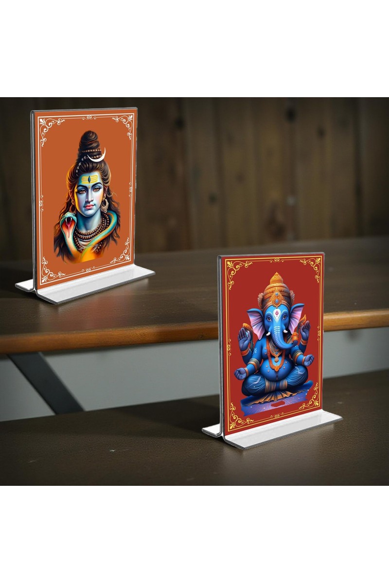 Lord Shiva & Lord Ganesh Acrylic T-Style Photo Stand - 9x11 Inches, Compact and Stylish Spiritual Display, easily change 2 photos (Pack of 1)