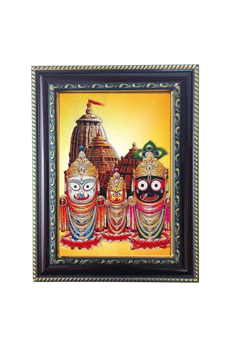 Hitech Sales Photo Frame for Temple and Home Decoration with Jagannath Dev, Balaram, Subhadra with Floral Design Frame, 5 x 7 Inches – Brown (Pack of 1)
