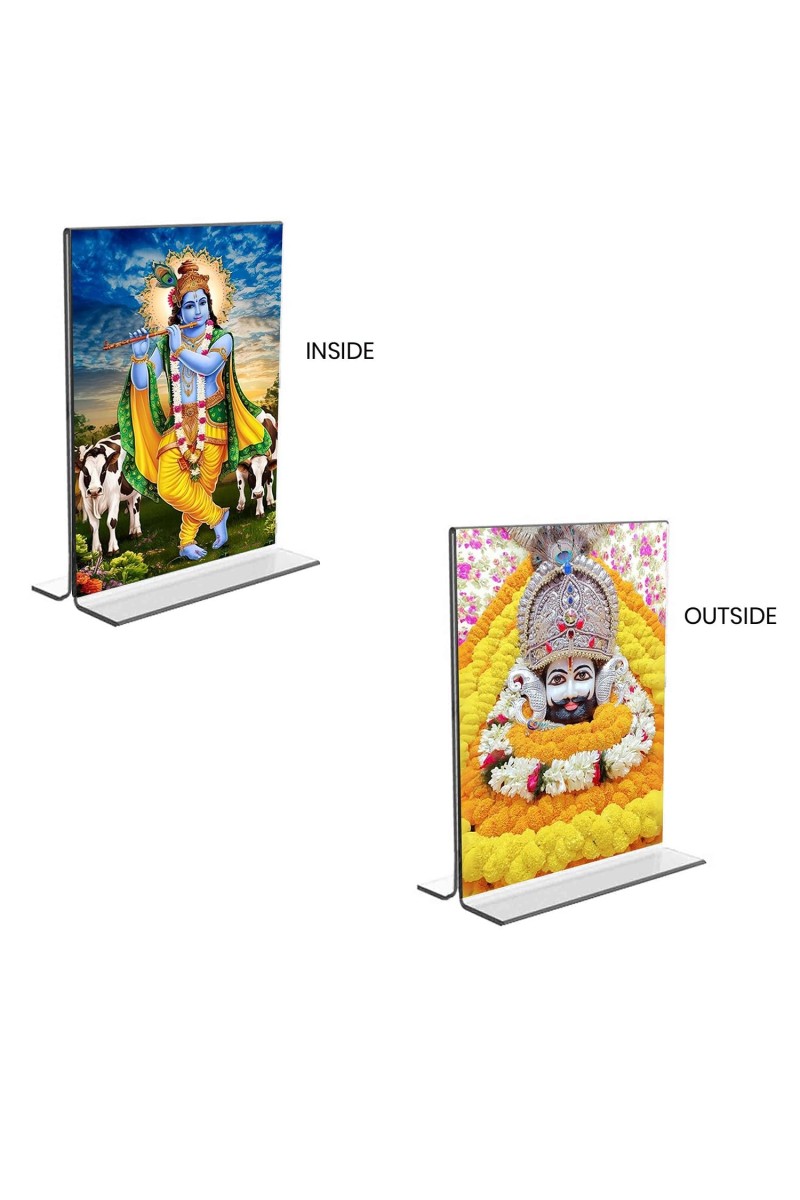 Car Desk/Table Top Lord Khatu shyam & Sri Krishna Acrylic T-Style Photo Stand - 2.5x3.5 Inches, Compact and Stylish Spiritual Display, easily change 2 photos (Pack of 1)