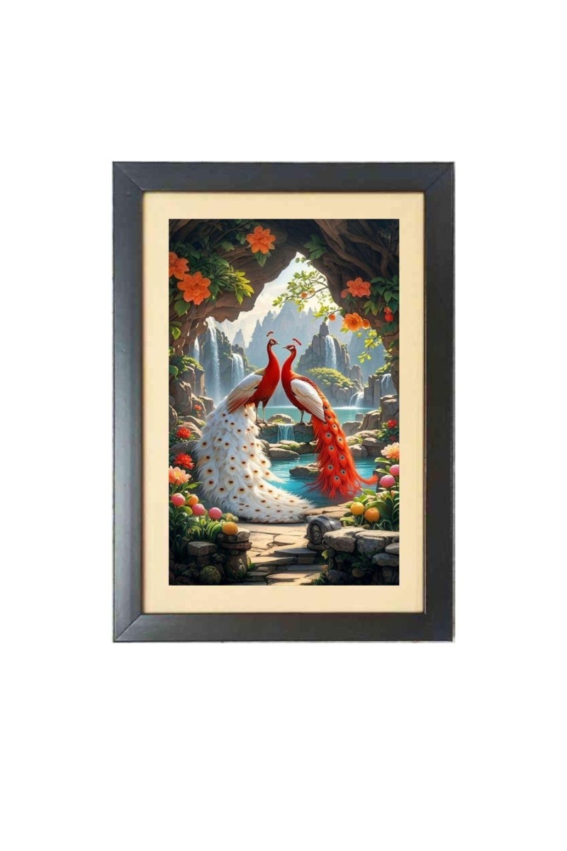 The orange color peacocks Photo Frame Funny Animal and Bird Cartoon Art, Black color, 17x21 Inch