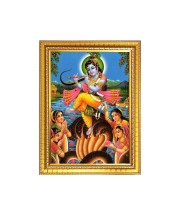 Bal Krishna Dancing On Kaliya Naag Photo Frame - 10x14 Inches, Brown Wooden Frame for Home, Office & Temple Decoration