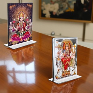 Debi Lakshmi & Debi Durga Acrylic T-Style Photo Stand - 5x7 Inches, Compact and Stylish Spiritual Display, easily change 2 photos (Pack of 1)