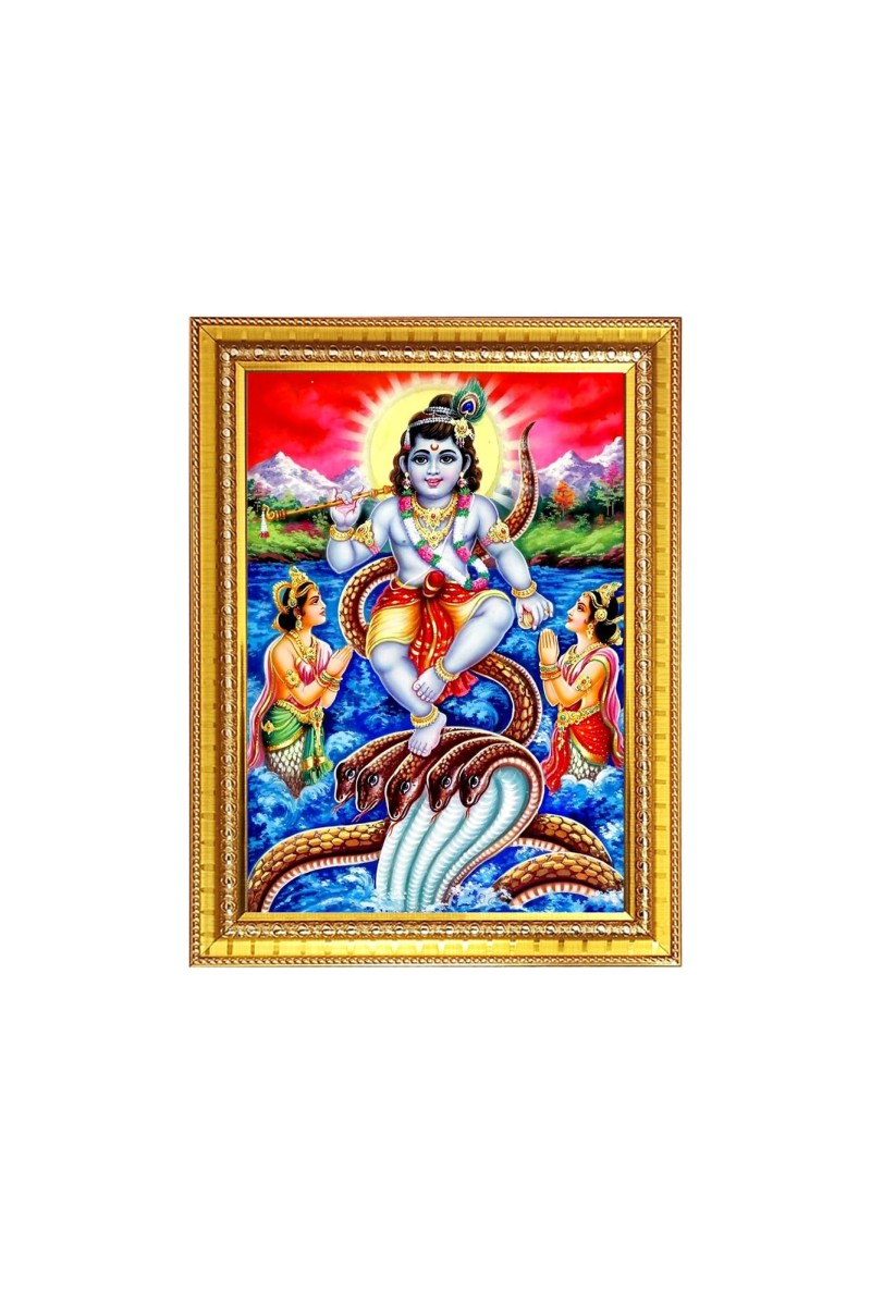 Bal Krishna Dancing On Kaliya Naag Photo Frame - 10x14 Inches, Brown Wooden Frame for Home, Office & Temple Decoration