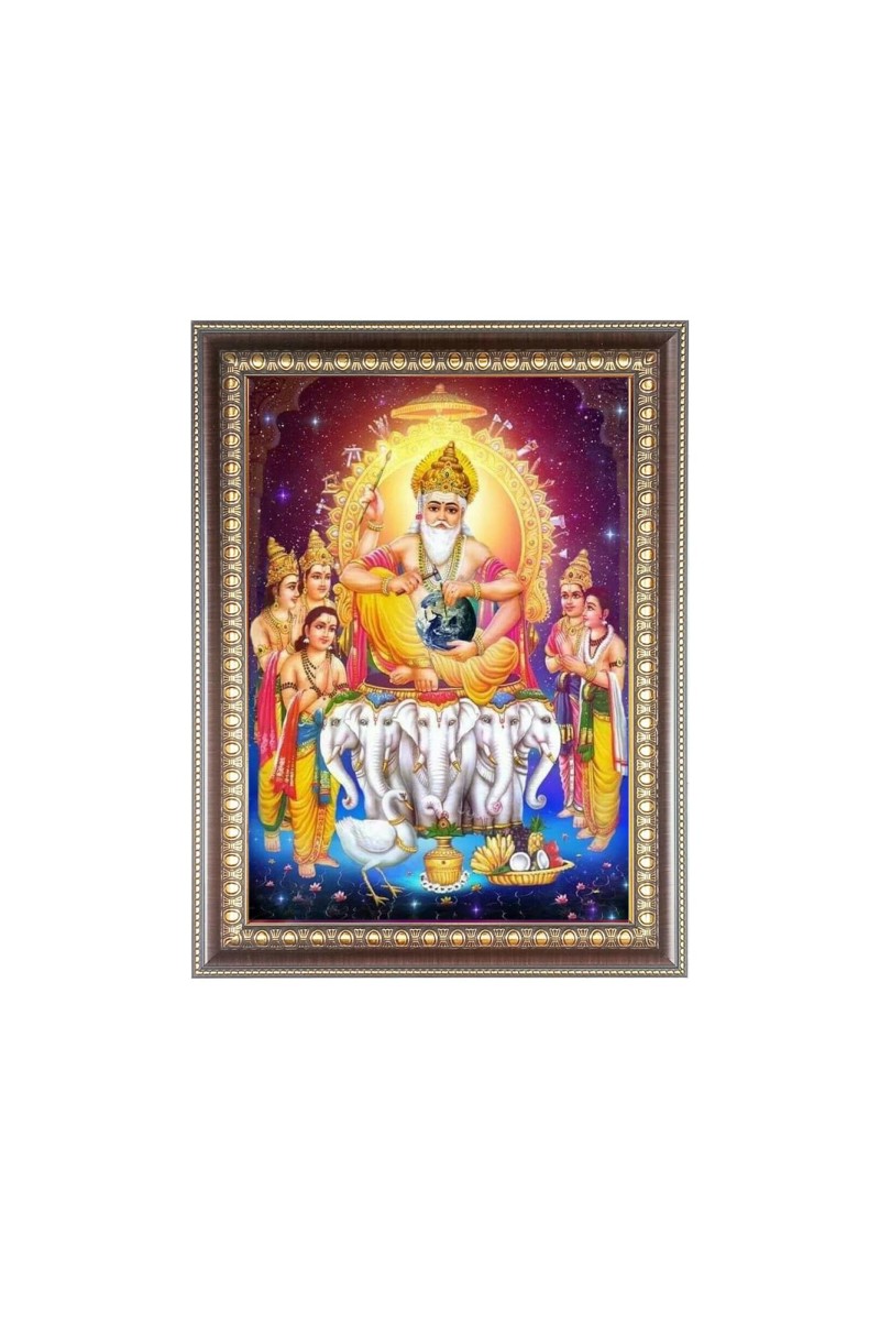 Lord Vishwakarma Photo Frame - 10x14 Inches, Brown Wooden Frame for Home, Office & Temple Decoration