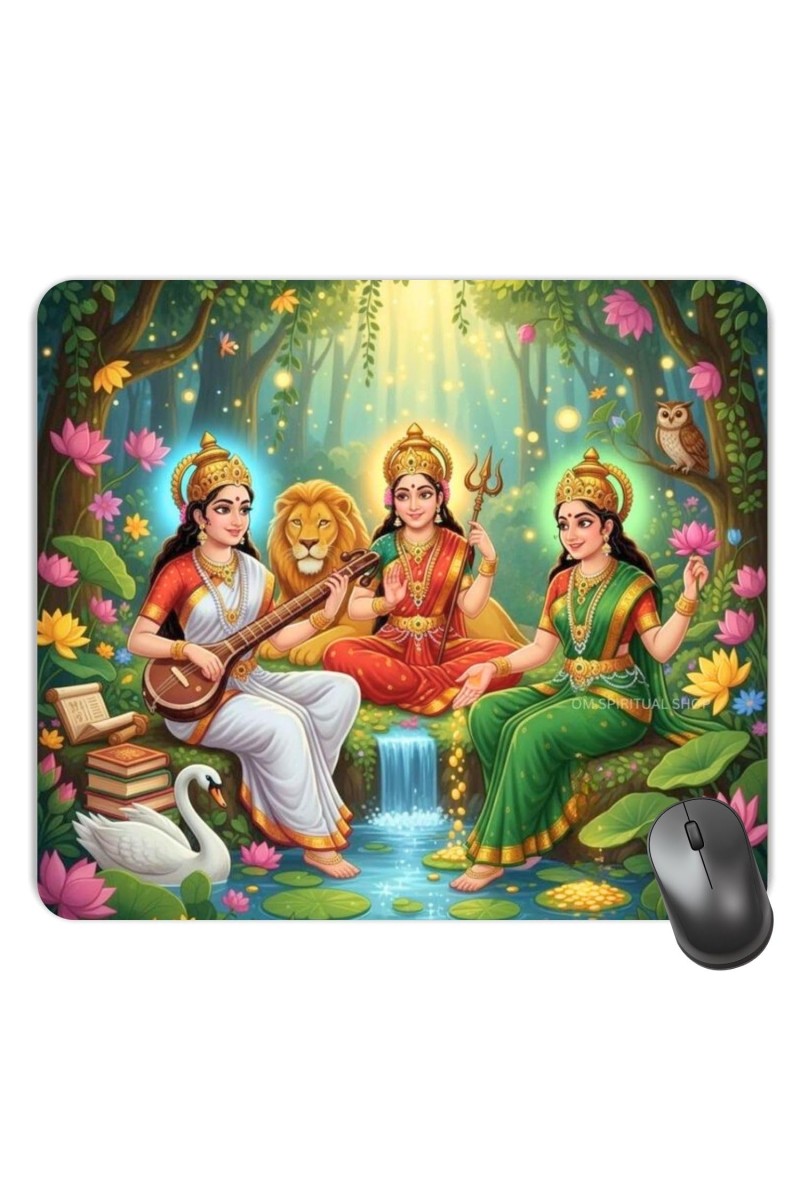 Customized Lakshmi Parvathi Saraswathi Picture Sublimation Mouse Pad | 8 X 7.5 Inch | Smooth Cloth Surface | Non-Slip Rubber Base | Personalized Mousepad for Laptop & Desktop (F17219)