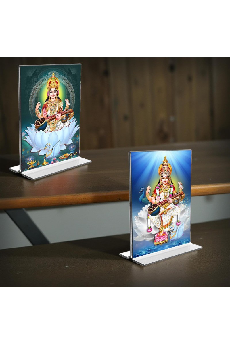 Debi Saraswati Acrylic T-Style Photo Stand, Compact and Stylish Spiritual Display, easily change 2 photos (Pack of 1)